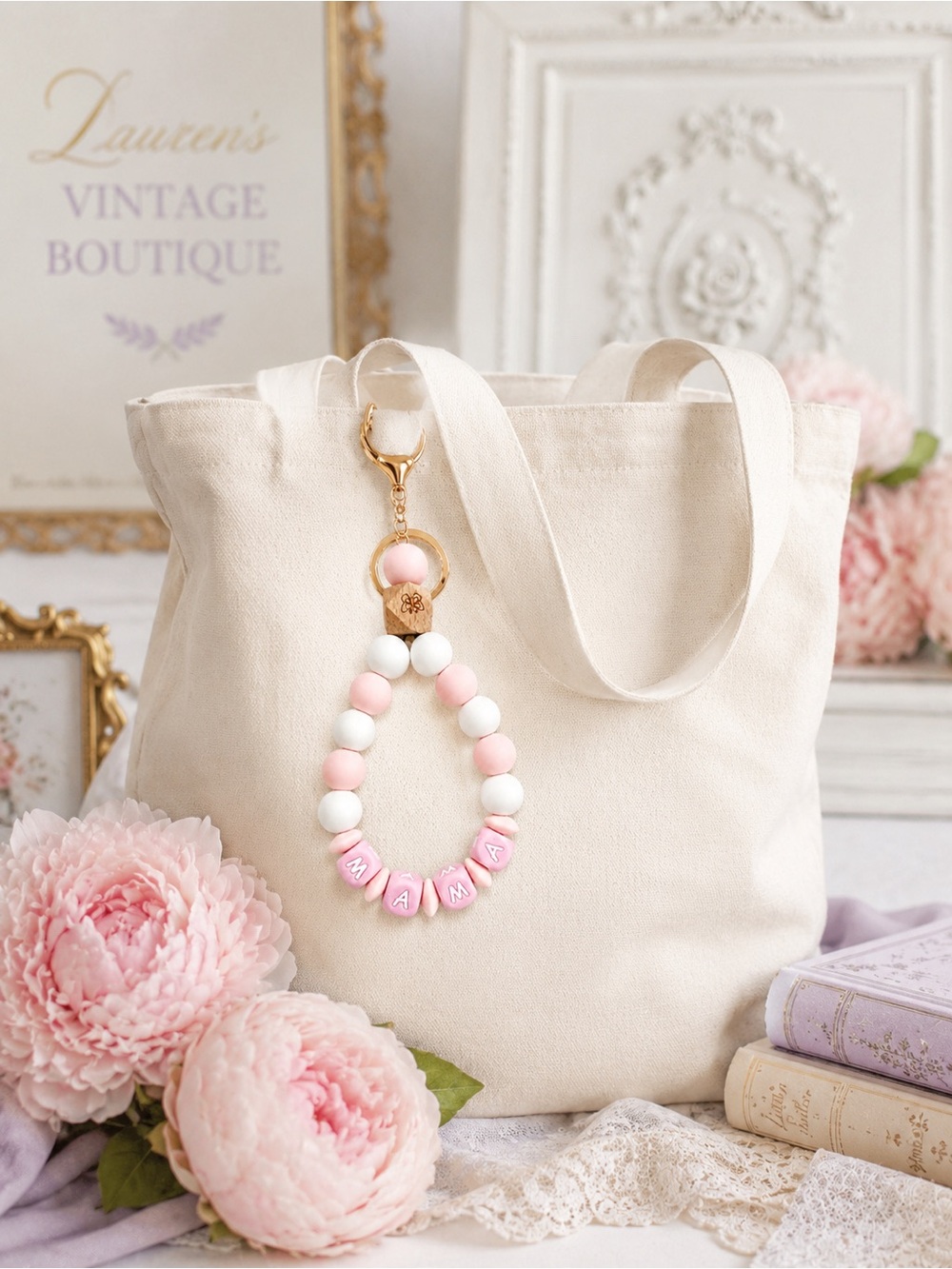 Beaded Keychain Wristlet - Pink & White with "MAMMA" - Picture 3 of 4